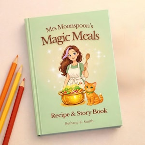 Puede incluir: Un libro de cocina verde claro titulado "Mrs. Moonspoon's Magic Meals" con una ilustración de una mujer sosteniendo una cuchara de madera, una olla dorada de comida y un gato naranja. El libro es un libro de recetas e historias de Bethany K. Smith.