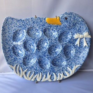 Vintage Treasure Craft Blue Spongeware Duck Deviled Egg Platter, Ceramic Country Goose 12 Egg Holder Plate, Farmhouse Easter Serving Tray