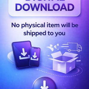 Puede incluir: Gr&aacute;fico de descarga digital con una tableta, un tel&eacute;fono inteligente y un icono de descarga. El texto dice "DESCARGA DIGITAL" y "No se le enviar&aacute; ning&uacute;n art&iacute;culo f&iacute;sico". El fondo es un degradado de morado y azul.