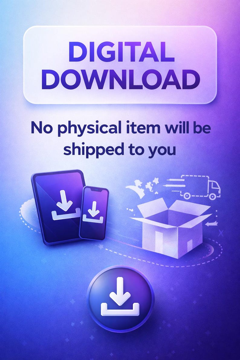 Puede incluir: Gr&aacute;fico de descarga digital con una tableta, un tel&eacute;fono inteligente y un icono de descarga. El texto dice "DESCARGA DIGITAL" y "No se le enviar&aacute; ning&uacute;n art&iacute;culo f&iacute;sico". El fondo es un degradado de morado y azul.