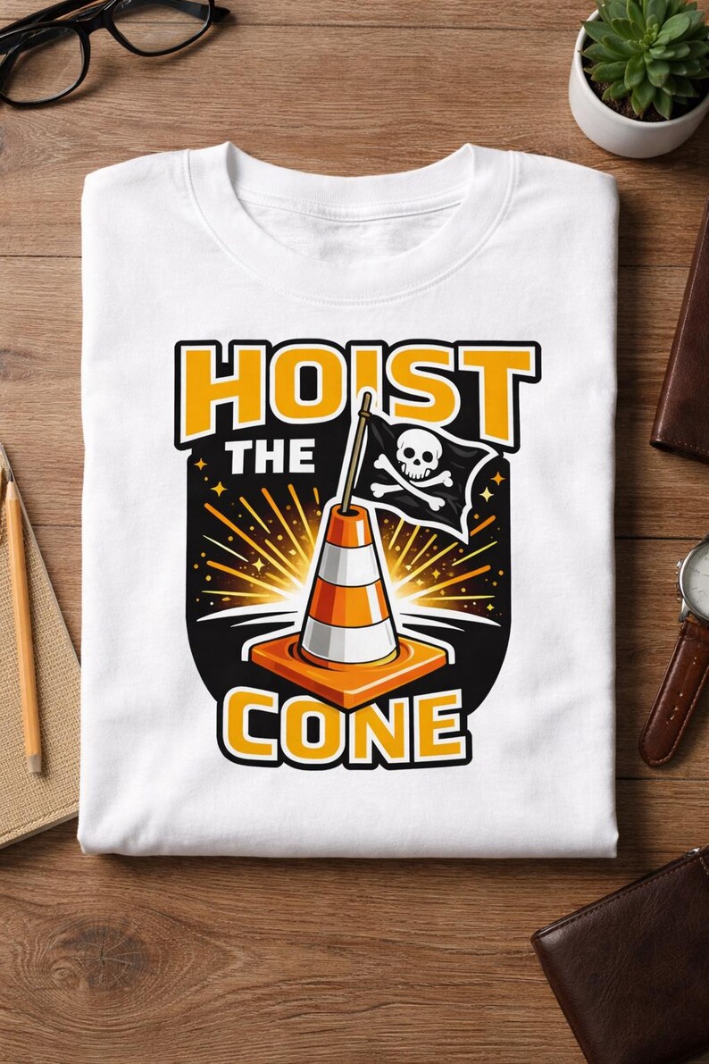 Puede incluir: Camiseta blanca con la frase "HOIST THE CONE" en naranja. El dise&ntilde;o muestra un cono de tr&aacute;fico con una bandera pirata, sobre un fondo negro con efectos de estrellas. Una camiseta divertida y original.