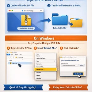 Puede incluir: Un gr&aacute;fico instructivo titulado "C&oacute;mo descomprimir archivos f&aacute;cilmente" muestra los pasos para Mac y Windows. La secci&oacute;n de Mac muestra c&oacute;mo hacer doble clic en un archivo ZIP. La secci&oacute;n de Windows muestra c&oacute;mo hacer clic con el bot&oacute;n derecho y seleccionar "Extraer todo".
