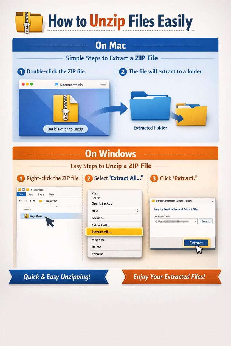 Puede incluir: Un gr&aacute;fico instructivo titulado "C&oacute;mo descomprimir archivos f&aacute;cilmente" muestra los pasos para Mac y Windows. La secci&oacute;n de Mac muestra c&oacute;mo hacer doble clic en un archivo ZIP. La secci&oacute;n de Windows muestra c&oacute;mo hacer clic con el bot&oacute;n derecho y seleccionar "Extraer todo".