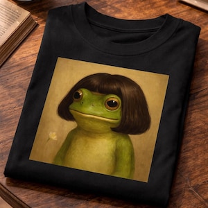 May include: Black t-shirt featuring a whimsical illustration of a frog with a bob haircut. The frog is green with large brown eyes and is set against a beige background. A small white flower is visible. The shirt is made of a soft material.