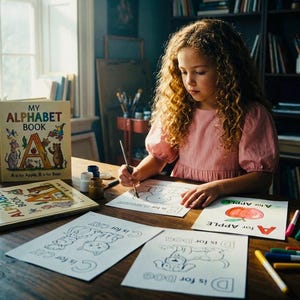 Può includere: Una persona con i capelli ricci, che indossa un vestito rosa, sta colorando pagine dell'alfabeto su un tavolo di legno. Le pagine includono illustrazioni di una mela, un gatto e un cane. È visibile un "Alphabet Book", insieme a vernice e pennarelli.