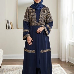 Jordanian Black Abaya – gold Embroidered chiffon abaya , Ramadan Eid Dress, open abaya, Palestine abaya. Tatreez