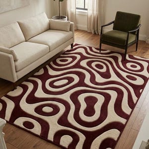 Abstract Burgundy Cream Area Rug, Modern Wavy Pattern Carpet, Contemporary Living Room Rug, Handmade Tufted Rug, Soft Plush Floor Decor