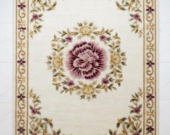 Alfombra floral de lana tejida a mano, alfombra botánica vintage, alfombra hecha a mano en crema y rosa, alfombra tradicional con medallón, decoración para sala de estar y dormitorio.