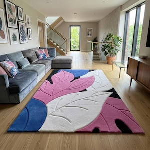 Modern Abstract Leaf Rug Hand Tufted Wool Area Rug Pink Blue Botanical Carpet High Low Pile Living Room Rug Contemporary Designer FloorDecor