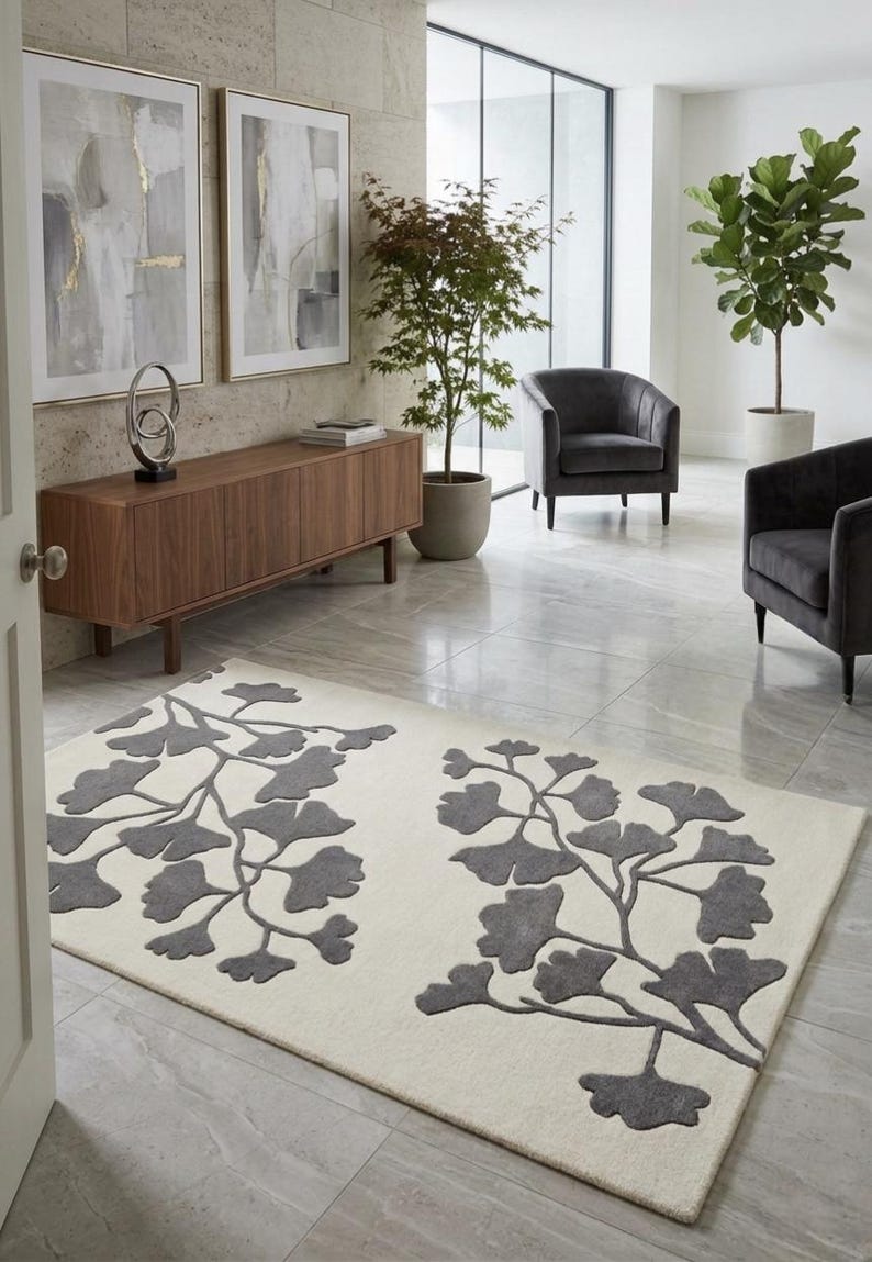 Hand Tufted Floral Area Rug Modern Botanical Wool Rug Cream Grey Living ...
