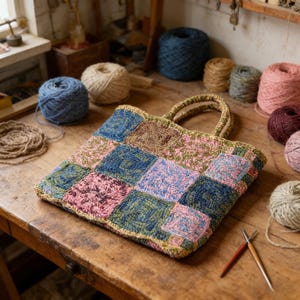 May include: A handmade patchwork tote bag with a woven handle, featuring squares of pink, blue, green, and brown yarn. The bag is on a wooden table, surrounded by balls of yarn in various colors, and knitting needles.