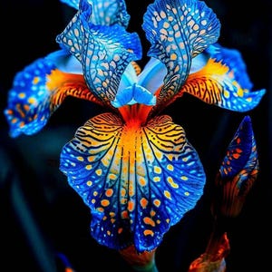 May include: A vibrant close-up of an iris flower with intricate patterns. The petals display a striking combination of blue, orange, and yellow hues, with delicate spots and lines. The flower is set against a dark background.