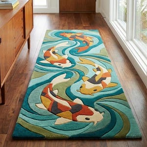May include: A rectangular area rug featuring a koi fish design. The rug has a teal background with swirling water patterns in shades of blue and green. The koi fish are in shades of orange, yellow, and white.