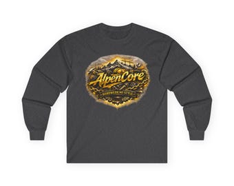 Camisa de manga larga AlpenCore Mountain - Camisa de trabajo alpino - Estilo artesanal para exteriores - Logotipo vintage de montaña - Regalo para hombres y aficionados a la artesanía