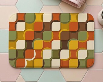 Retro geometrisches Muster Badematte | Geometrische Welle 70er Jahre Mid Century Modern karierter Teppich, moderner Toilettenteppich, Badezimmer Dekor, Einweihungsparty Geschenk