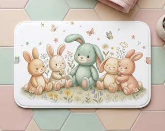 Kaninchen-Badematte, Kaninchen-Badezimmerteppich, Kaninchen-Ostern-Badezimmerdekor, Frühlingsblumen-Kaninchen-Wohnkultur, Housewarminggeschenk, Osterteppich
