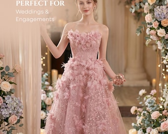 Blush Wedding Dress | Strapless Sweetheart Ball Gown | 3D Floral Tulle | Floor Length Bridal Gown | Blush Pink Custom Size Reception Bride