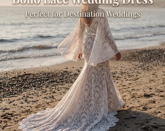 Plus Size Boho Spitzen Brautkleid | Langarm-Meerjungfrau-Brautkleid | Custom Fit 2-28W | Bescheidene V-Ausschnitt Kapelle Zug | Handgefertigte Blumenspitze