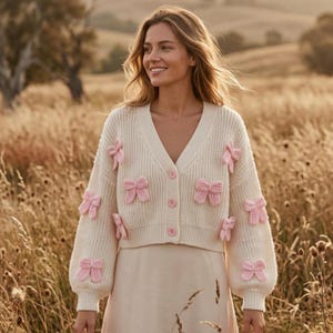 Pink Bow Knot Cardigan Lantern Sleeve V Neck Knit Sweater Cute Acrylic Top Spring Autumn, Gift for Mothers Day