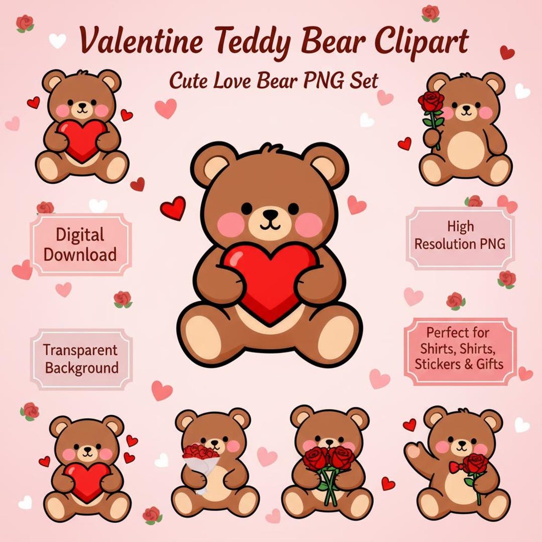 Valentine Teddy Bear Clipart Bundle PNG, Cute Bear With Heart and Rose ...