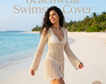 Beige Crochet Beach Cover Up Kleid, Sheer Knit Swim Cover Up, Langarm-Mesh-Bikini-Abdeckung, Sommer-Resort-Abnutzung