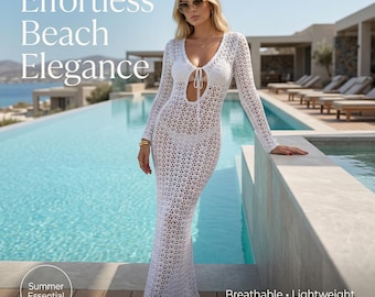 Weiß Häkeln Strand Cover Up Kleid, schiere Maxi Kleid, Langarm-schwimmen Cover Up, Urlaubs Outfit, Resort Wear, Sommerkleid