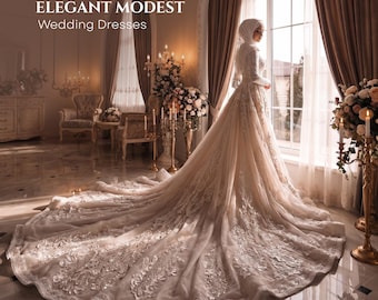 Lace Mermaid Wedding Dress | Long Sleeve High Neck Modest Bridal Gown | Ivory Blush Sweep Train | Illusion Back | Custom Size 2-28W