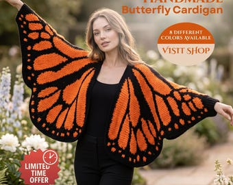 Monarch Butterfly Crochet Cardigan, Orange Black Boho Knit Sweater, Oversized Handmade Cardigan, Statement Wing Jacket, Mothers Gift for Mom