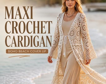 Maxi häkeln Strickjacke Frauen Boho Strand Vertuschen Langarm Open Front Krawatte Beige Durchsichtig Sommer 49-53 in