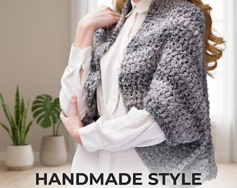 Einfaches Häkelmuster für Shrug PDF, Anfänger-Häkelschal, Muster Wrap Wrap für kaltes Wetter, übergroße Häkeljacke, alle Größen