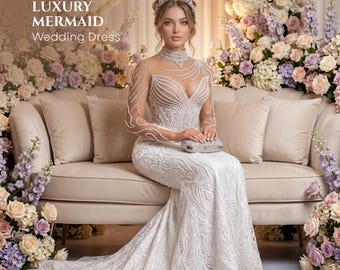 Beaded Mermaid Wedding Dress | Illusion High Neck Long Sleeves | Bow Back Train | Modest Bridal Gown | Satin Ivory Blush | Custom Size 2-28W