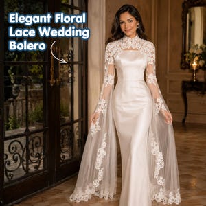 Floral Lace Bridal Bolero, Long Sleeve Wedding Cover Up, Bell Sleeve Lace Bridal Jacket, Custom Wedding Wrap Top for Bride