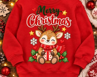 Merry Christmas Kids Sweatshirt, Cute Reindeer Christmas Sweater, Holiday Jumper for Children, Christmas Gift for Kids
