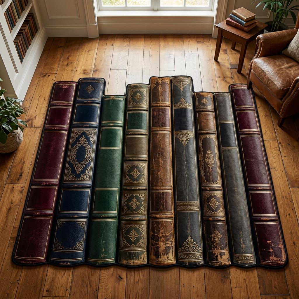 Literary Rug Vintage Book Stack Area Rug Custom Shape, Library Rug Antique Leather ...