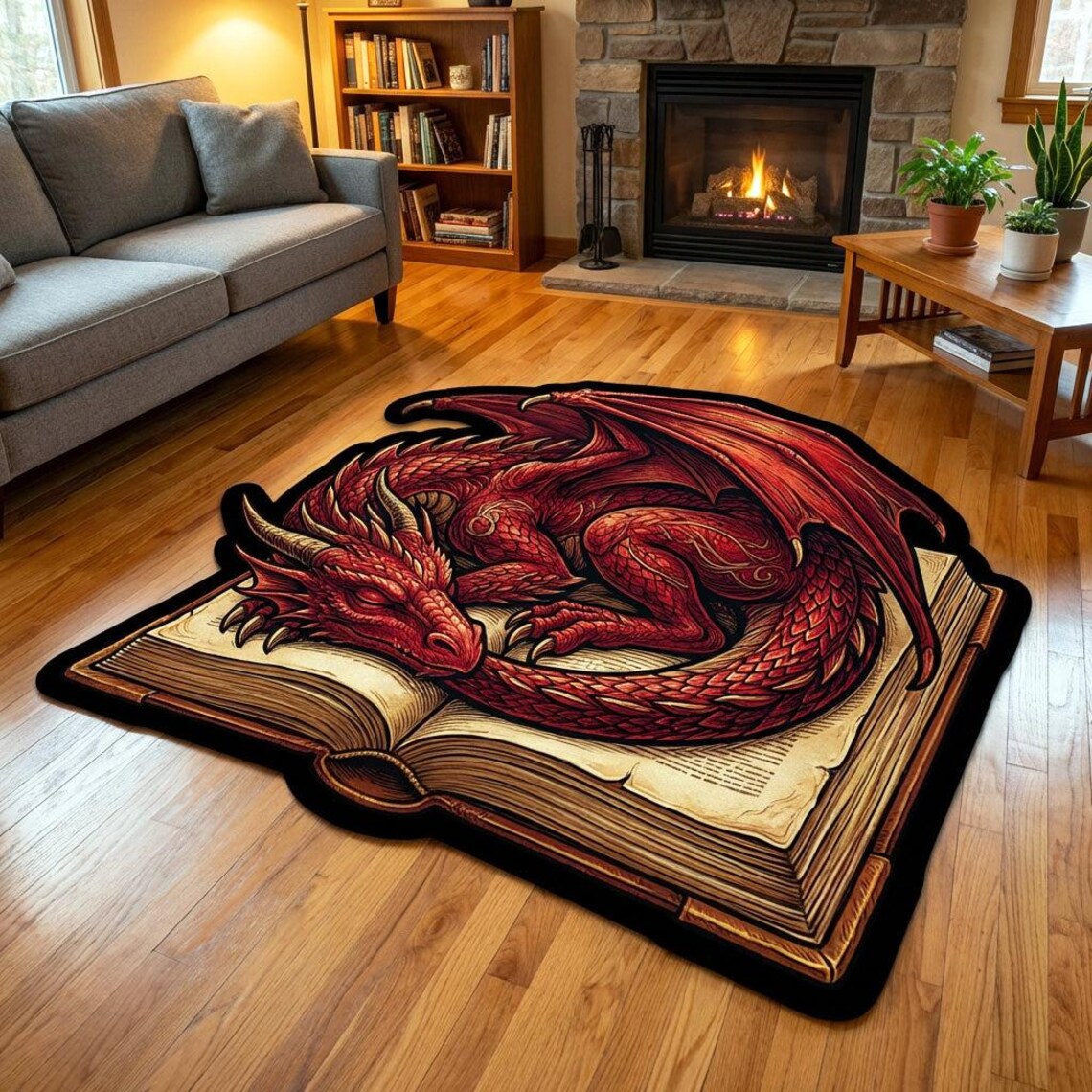 Book Den Rug Red Dragon Book Rug, Fantasy Area Rug, Custom Shape Floor Mat, Gothic ...