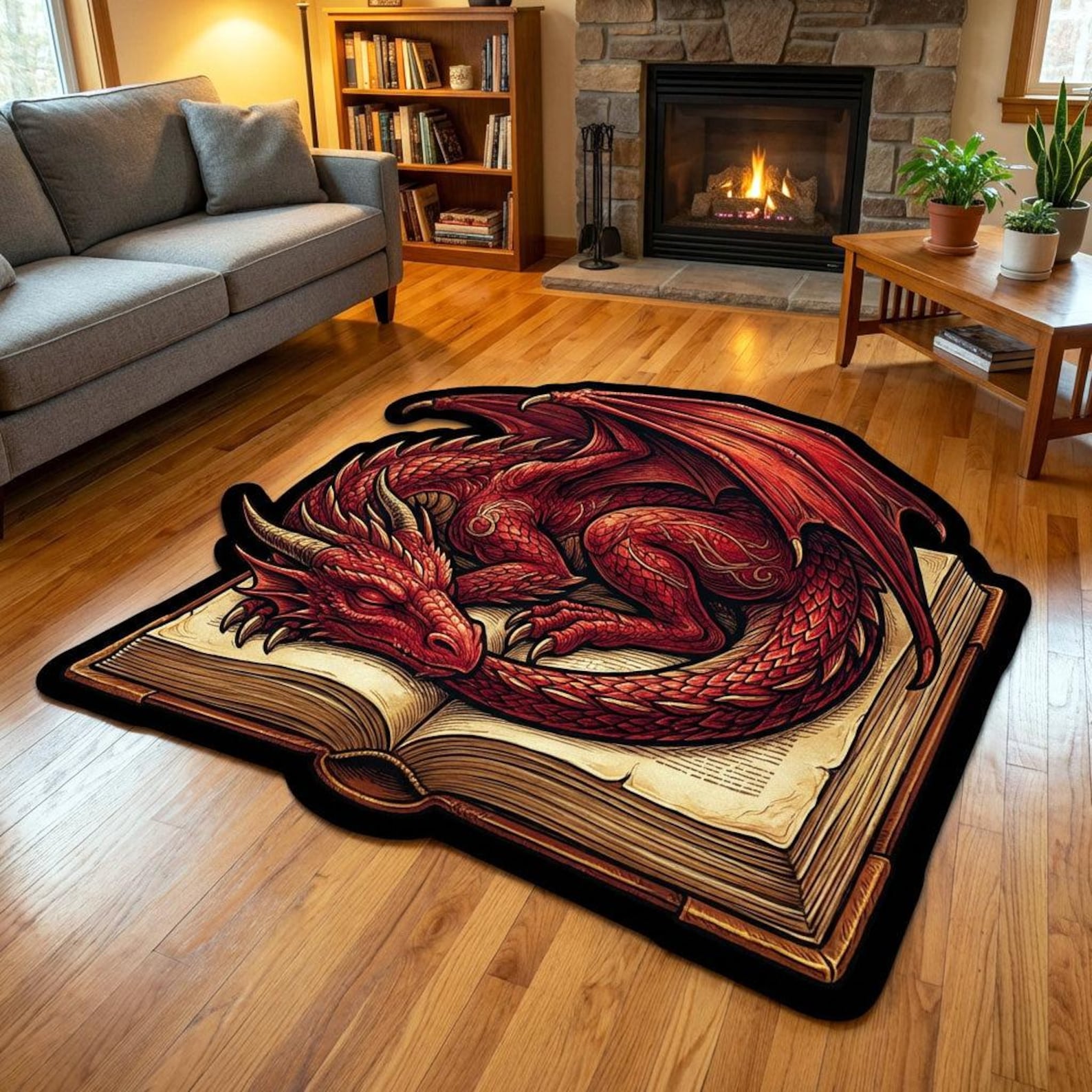 Red Dragon Book Rug, Fantasy Area Rug, Custom Shape Floor Mat, Gothic ...