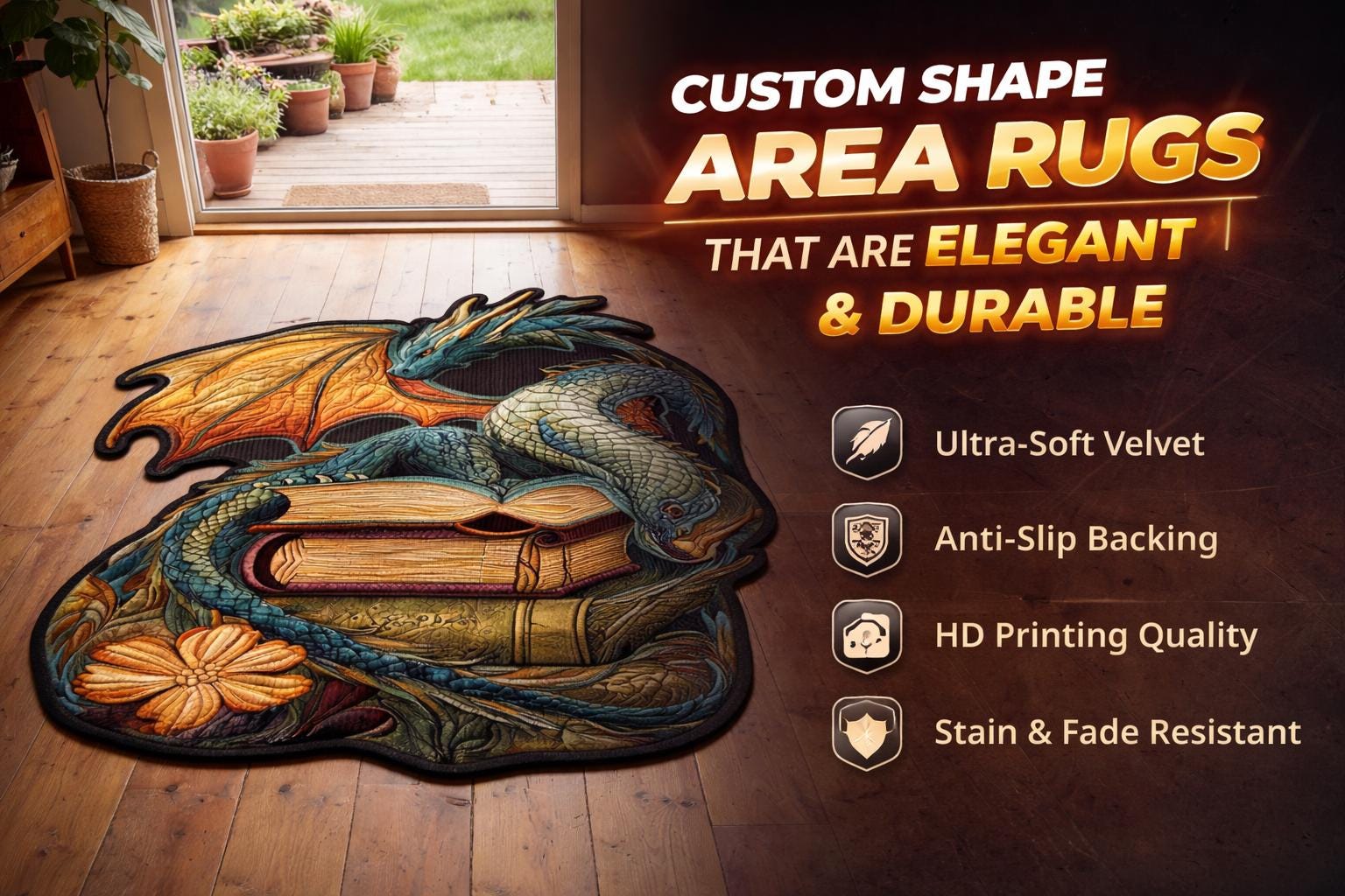 Red Dragon Book Rug, Fantasy Area Rug, Custom Shape Floor Mat, Gothic ...
