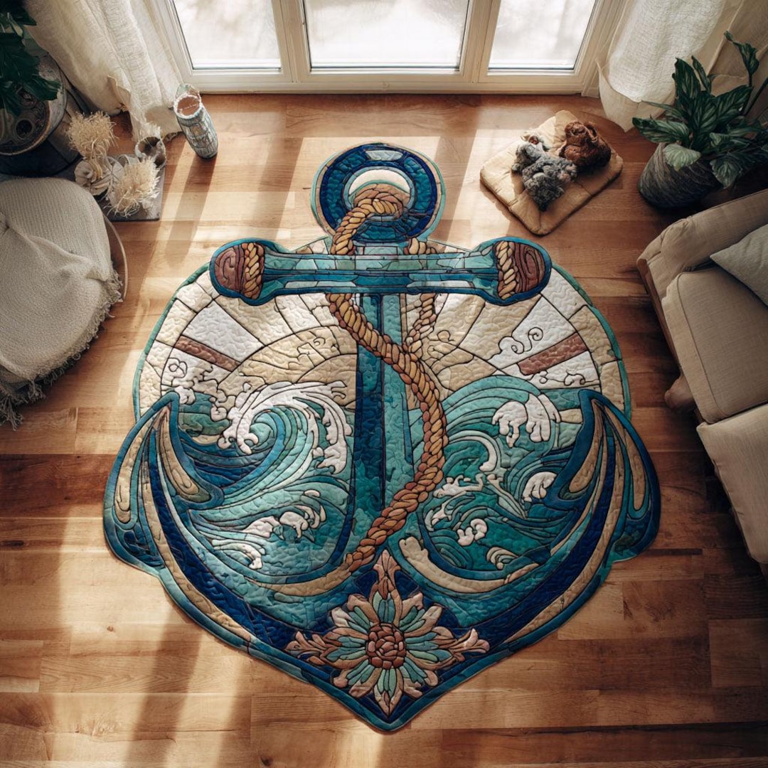 Nautical Anchor Rug, Ocean Wave Custom Shape Area Rug, Coastal Floor ...