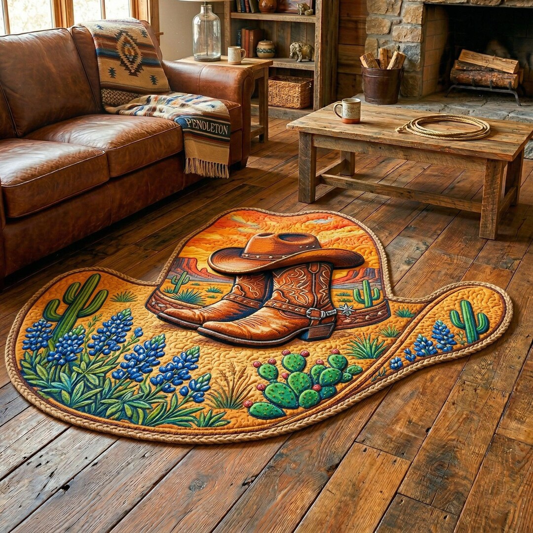 Cowboy Boot Rug, Western Custom Shape Area Rug, Rustic Desert Floor ...