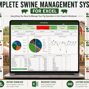 May include: A laptop displaying a Complete Swine Management System for Excel, featuring a central profit dashboard with pie charts and financial tables, surrounded by ten numbered modules for tracking inventory, breeding, farrowing, and medical records.