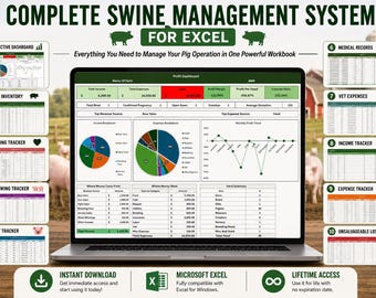 May include: A laptop displaying a Complete Swine Management System for Excel, featuring a central profit dashboard with pie charts and financial tables, surrounded by ten numbered modules for tracking inventory, breeding, farrowing, and medical records.