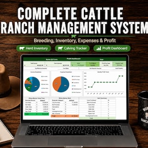 May include: A laptop displaying a cattle ranch management system dashboard with charts and tables, accompanied by a brown felt hat, a notebook with a black pen, and a black mug with the text Work Hard Ranch Harder and a cow illustration.