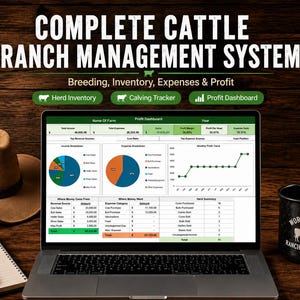 Pode incluir: Um portátil exibindo um painel de gestão de pecuária com gráficos e tabelas, acompanhado por um chapéu de feltro castanho, um caderno com uma caneta preta e uma caneca preta com o texto Work Hard Ranch Harder e uma ilustração de vaca.