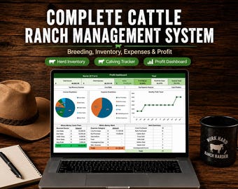 May include: A laptop displaying a cattle ranch management system dashboard with charts and tables, accompanied by a brown felt hat, a notebook with a black pen, and a black mug with the text Work Hard Ranch Harder and a cow illustration.