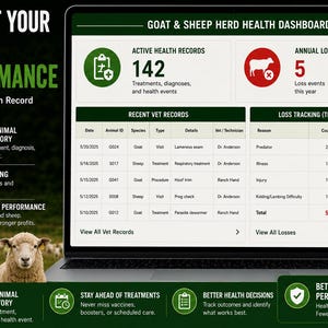 May include: A digital dashboard displayed on a laptop screen titled Goat & Sheep Herd Health Dashboard. It features sections for active health records, annual losses, recent vet records, and loss tracking, with icons and tables for data management.