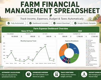 May include: A digital farm financial management spreadsheet template for Google Sheets. The interface displays a Farm Expense Dashboard Overview with a monthly expense trend line graph, an expense breakdown donut chart, and financial data fields.