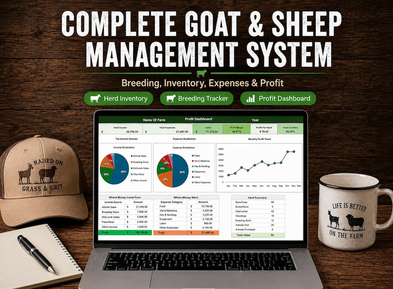 May include: A laptop displaying a Complete Goat & Sheep Management System dashboard with pie charts and tables, accompanied by a tan baseball cap with a goat and sheep graphic, a white mug with the text Life is Better on the Farm, and a notebook.