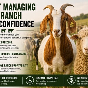 May include: A digital advertisement for ranch management software featuring a brown and white goat and a beige sheep in the foreground. The text reads: START MANAGING YOUR RANCH WITH CONFIDENCE, TRACK BREEDING, MONITOR HERD PERFORMANCE, IMPROVE RANCH PROFITABILITY.