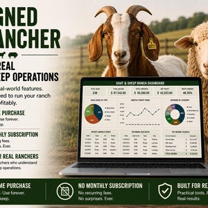May include: A laptop displaying a Goat & Sheep Ranch Dashboard with charts and financial data. Text reads: Designed by Rancher, Built for Real Goat & Sheep Operations, One-Time Purchase, No Monthly Subscription, Built for Real Ranchers, Rancher Tested.