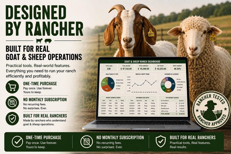 May include: A laptop displaying a Goat & Sheep Ranch Dashboard with charts and financial data. Text reads: Designed by Rancher, Built for Real Goat & Sheep Operations, One-Time Purchase, No Monthly Subscription, Built for Real Ranchers, Rancher Tested.